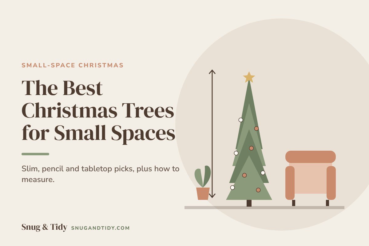 Best Christmas tree for small spaces illustration: a slim pencil tree beside a small armchair with a height arrow