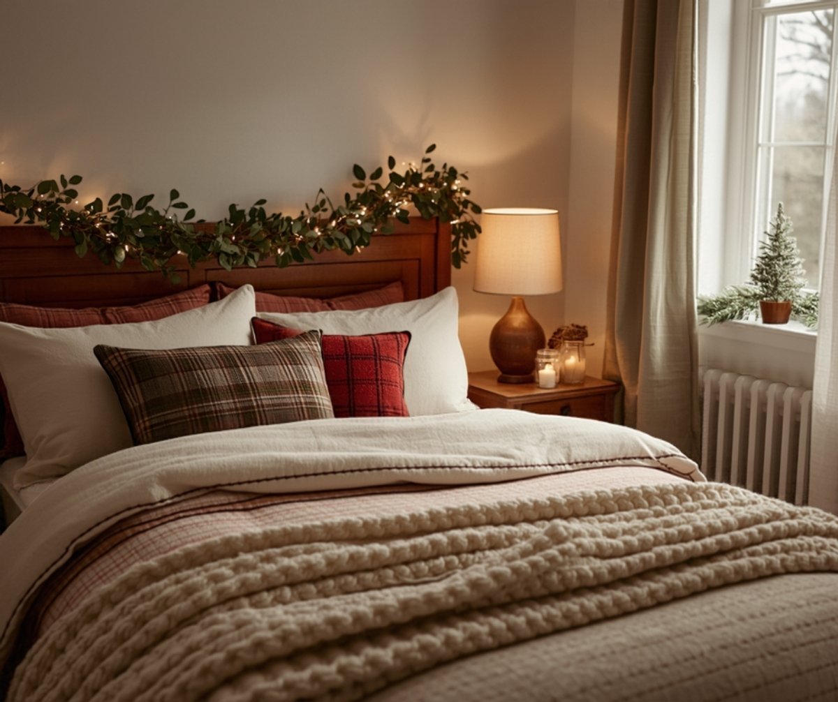 Cozy bedroom decorated for Christmas with plaid pillows, garland with warm lights on the headboard and a glowing lamp on the nightstand