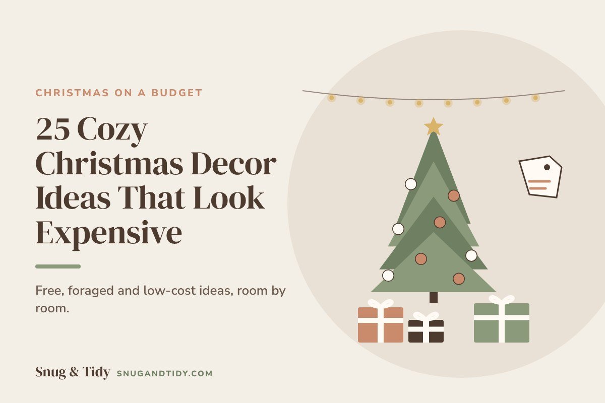 Christmas decor on a budget illustration: a decorated tree, wrapped gifts and string lights in cozy neutral colors