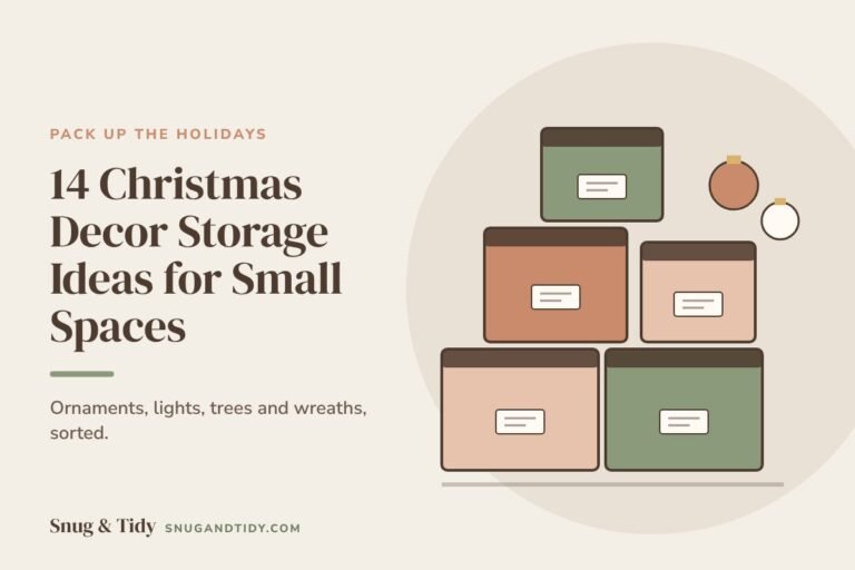 Christmas decor storage ideas illustration: labeled storage boxes stacked with ornaments