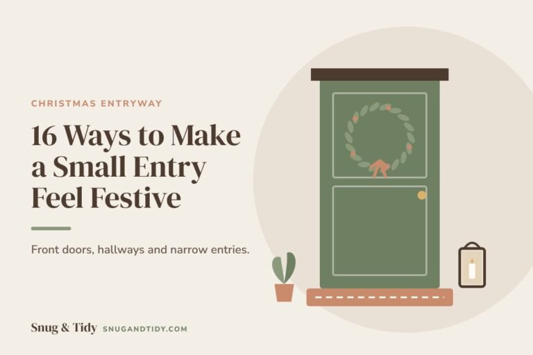 Christmas entryway decor illustration: a front door with a wreath, a striped doormat and a lantern