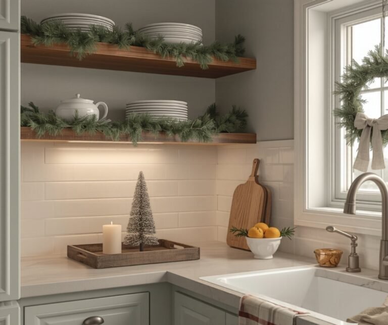 Small cozy kitchen decorated for Christmas with garland on open shelves, warm under-cabinet lights and a bowl of oranges