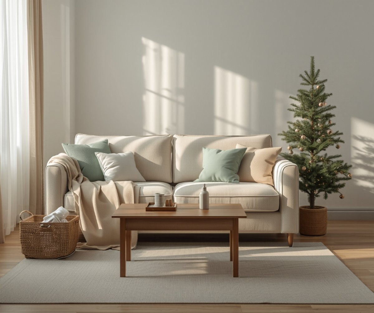 Freshly cleaned small living room with a cream sofa, sage cushions, a basket of cleaning cloths and a small Christmas tree