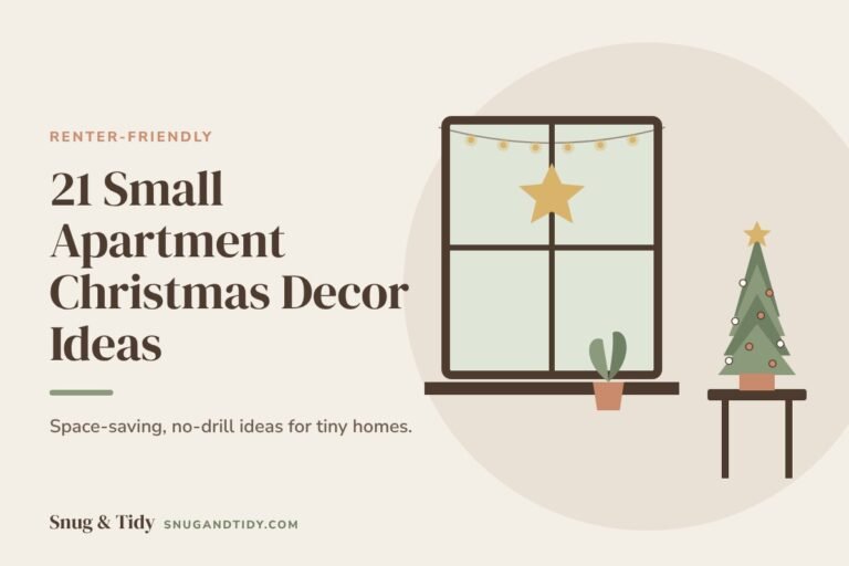 Small apartment Christmas decor illustration: a window with a paper star, string lights and a tabletop tree