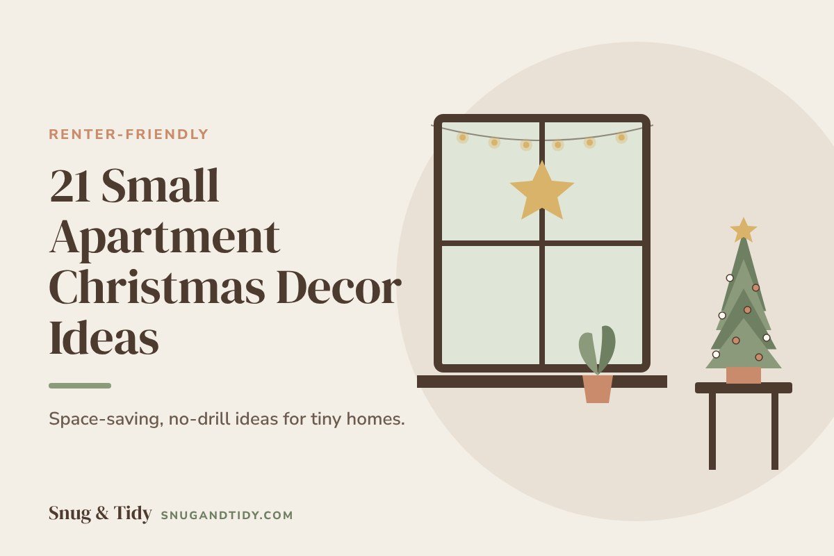 Small apartment Christmas decor illustration: a window with a paper star, string lights and a tabletop tree